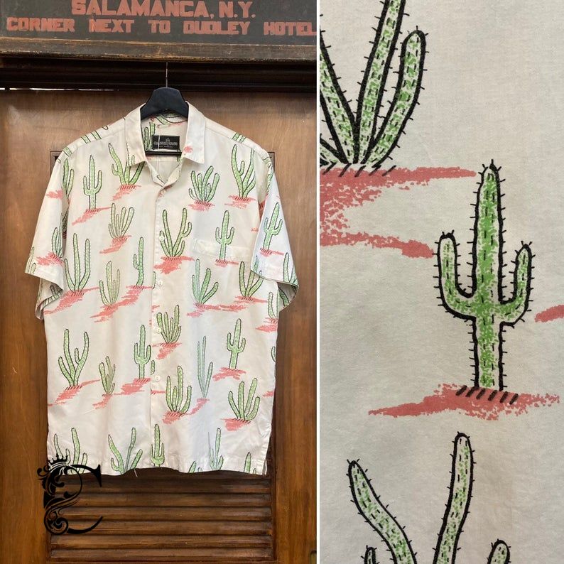 Vintage 1980’S Size L Atomic Cactus Print Cotton New Wave Hawaiian Shirt, 80’S New Wave Shirt, Southwest Print, Pop Art, Vintage Clothing