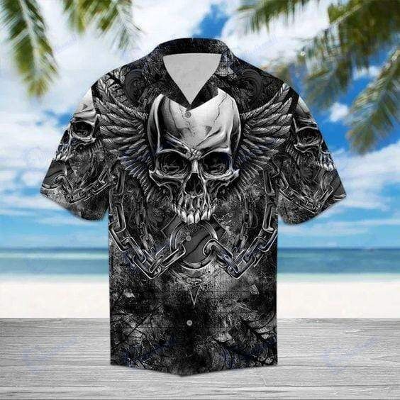 Beach Shirt Hawaiian Aloha Shirts Black Skull Wings- Chillicothemall