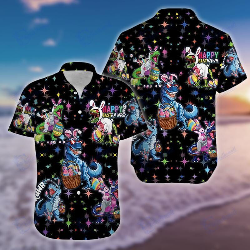 Amazing Happy Easter Raws T-Rex Dinosaur Black Hawaiian Aloha Shirts