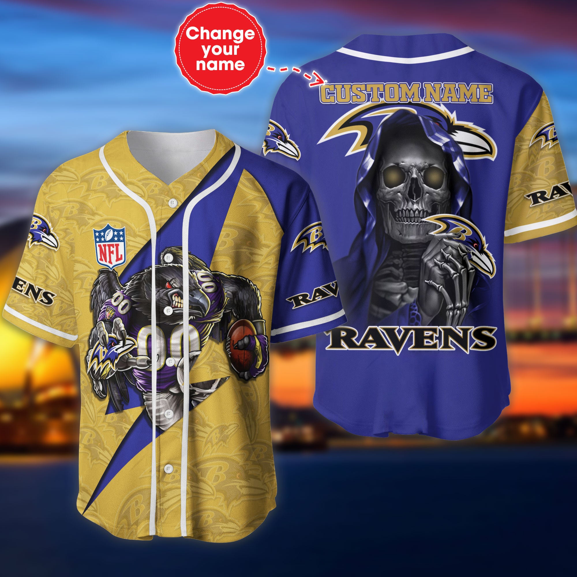 Baltimore Ravens Baseball Jersey Shirt Skull Custom Name