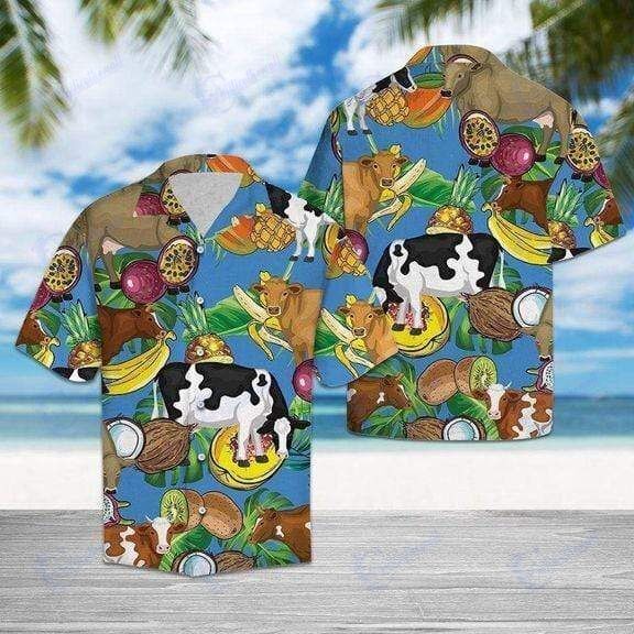 Beach Shirt Cow Tropical Fruits Hawaiian Aloha Shirts- Chillicothemall