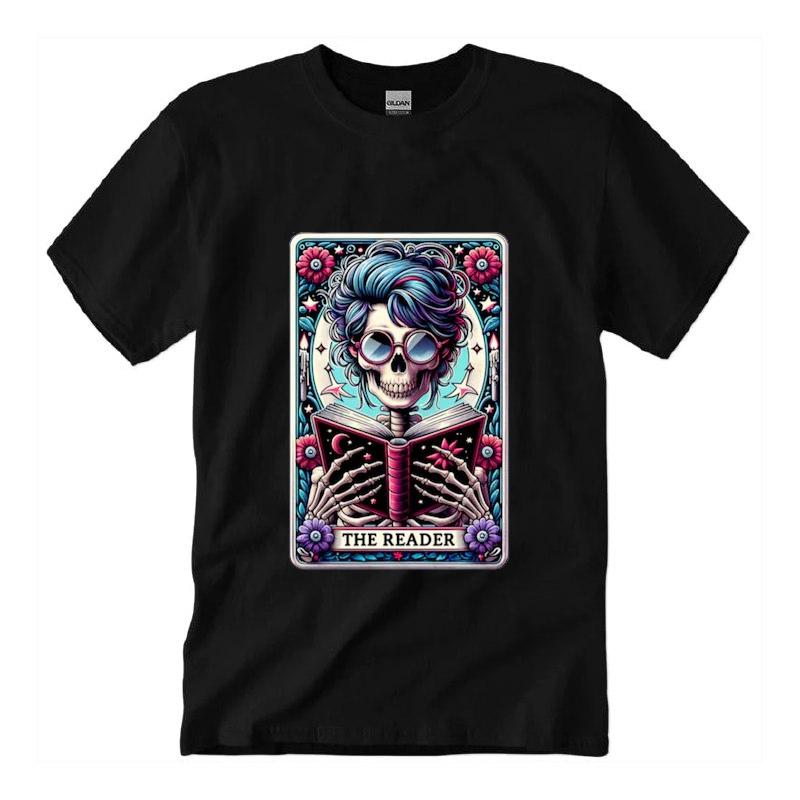 The Reader Tarot Card T-shirt, Reading Skeleton T-shirt, Book Lover Booktrovert Skull Tarot T-shirt