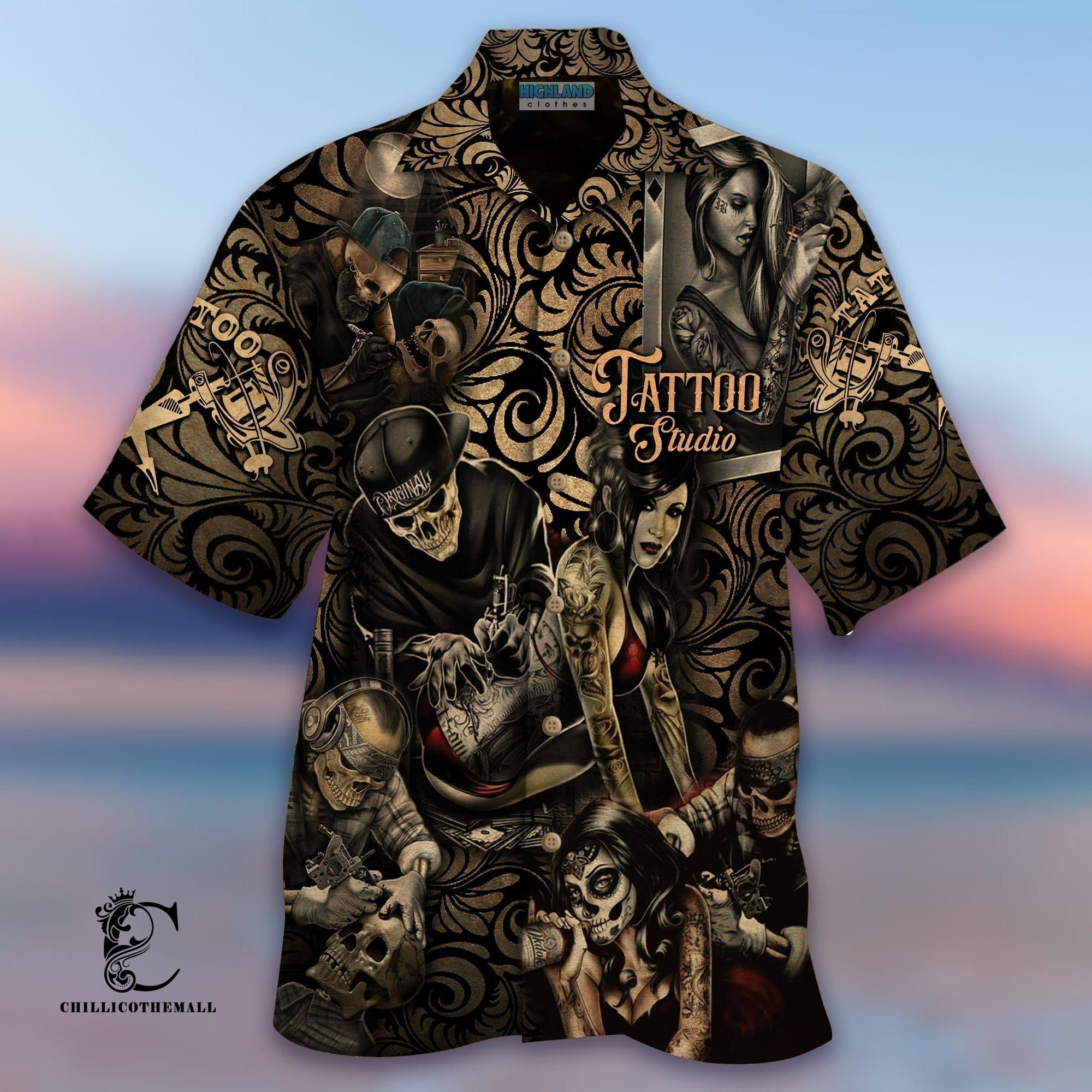 Amazing Tattoo Studio Brown Black Unisex Hawaiian Shirts