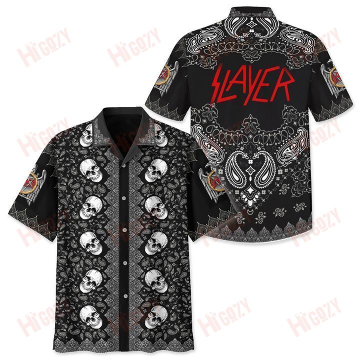 Beach Shirt Slayer Band Paisley Pattern Hawaiian Aloha Shirts, Slayer Band Skull Short Sleeve Shirt