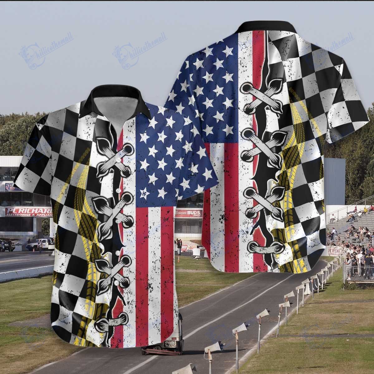 American Flag Dirt Track Racing Hawaiian Unisex Aloha Shirts