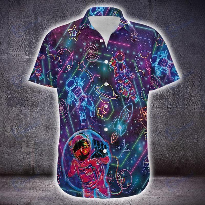 Amazing Colorful Astronaut In Outer Space Unisex Hawaiian Aloha Shirts