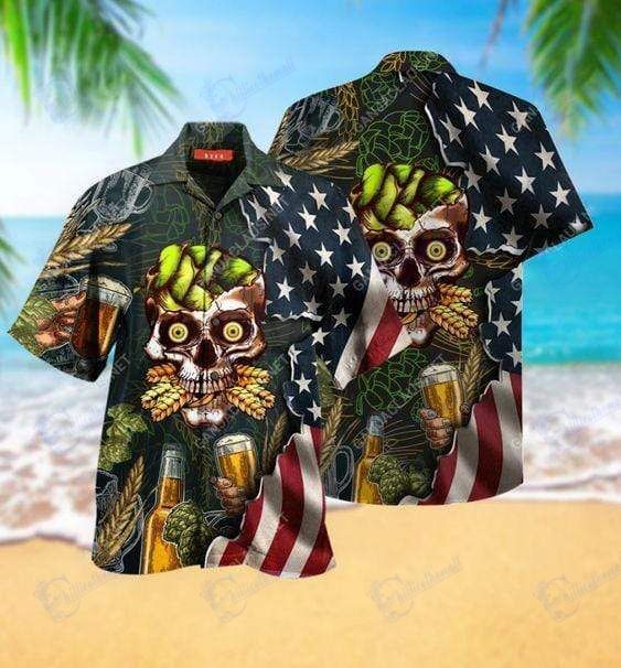 Beach Shirt Hawaiian Aloha Shirts Skull Beer Flag- Chillicothemall