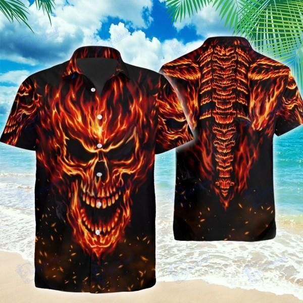 Beach Shirt Hawaiian Aloha Shirts Fire Burning Skull- Chillicothemall