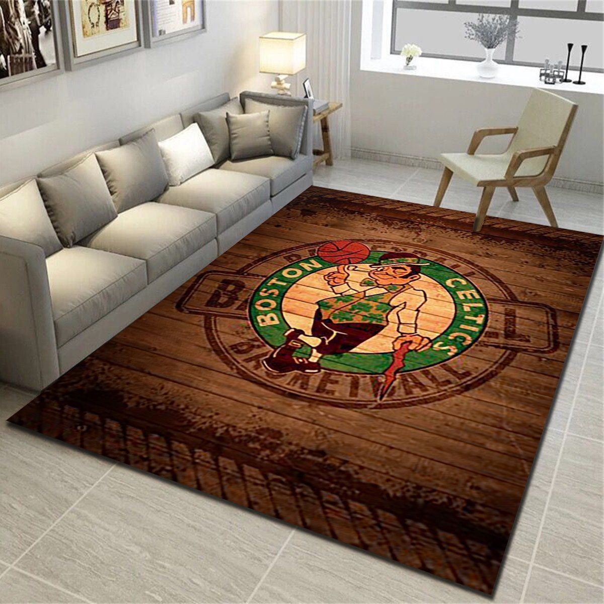 Boston Celtics Logo Area Rug, Basketball Team Living Room Carpet, Sports Floor Mat Home Decor