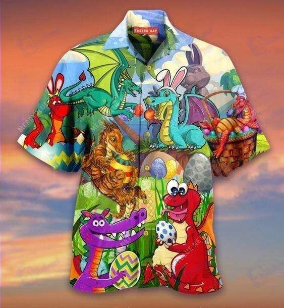 Beach Shirt Hawaiian Aloha Shirts Dragon Easter Eggs- Chillicothemall