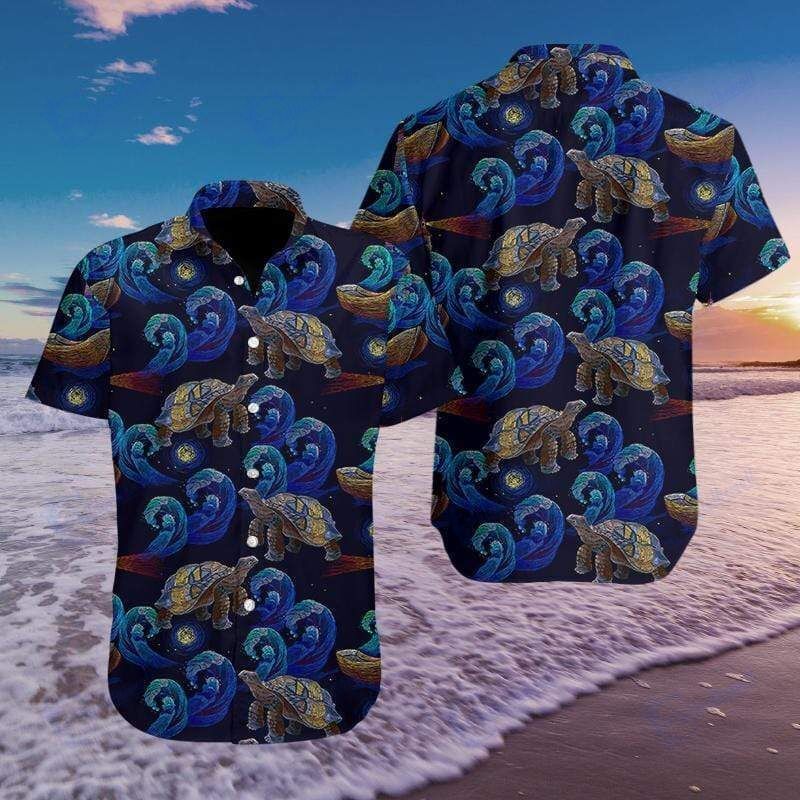 Turtle In The Night Ocean Embroidery Art Hawaiian Aloha Shirts Fantastic