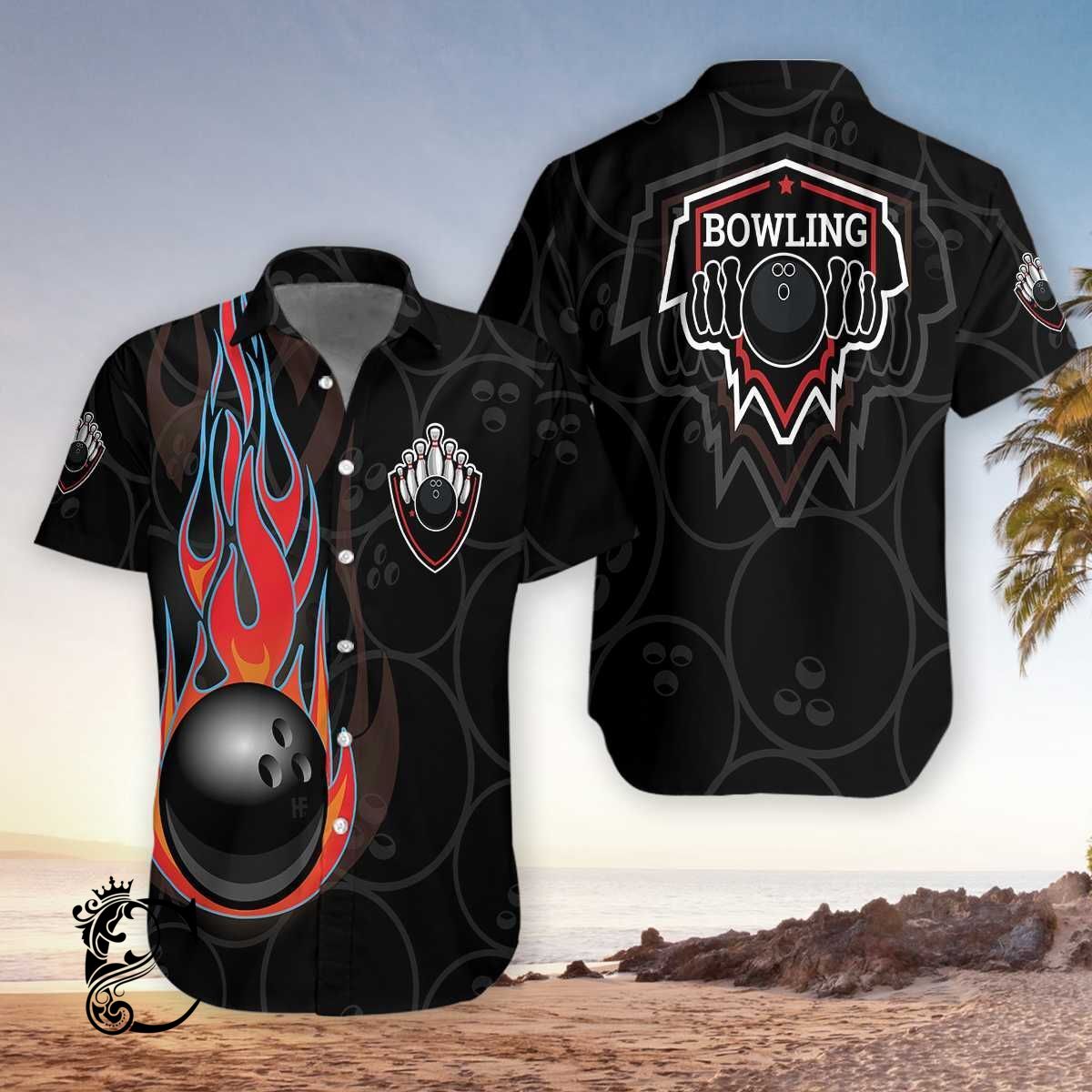 Black Bowling With Fire Hawaiian Shirts