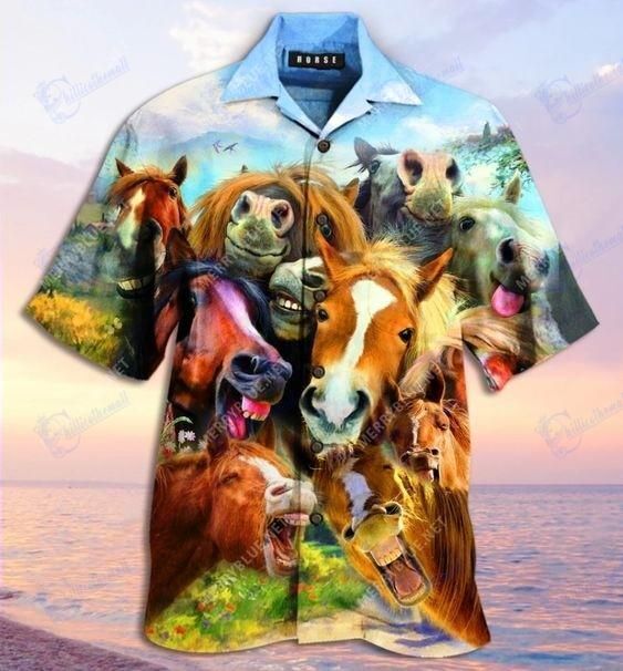 Beach Shirt Hawaiian Aloha Shirts Laughing Horses Funny- Chillicothemall