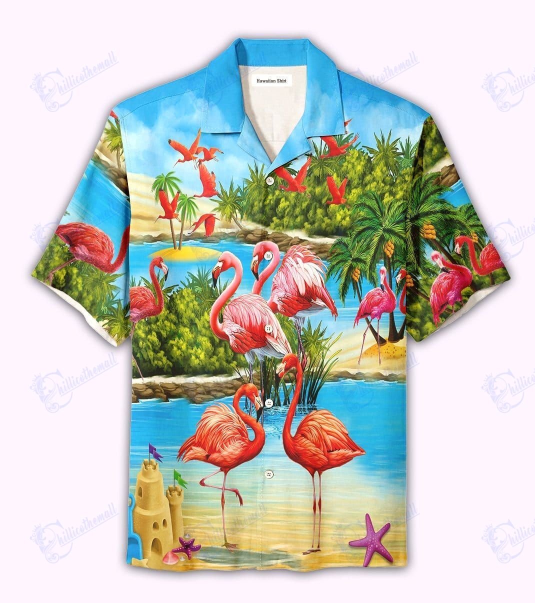 Beautiful Flamingo On The Beach Blue And Pink Unisex Hawaiian Aloha Shirts