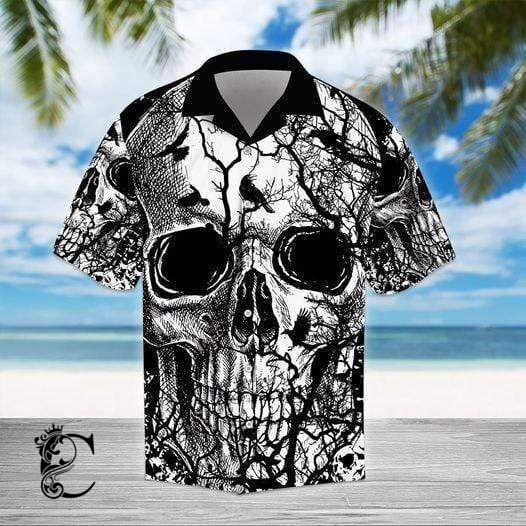 Black And White Skull With Bird Hawaiian Shirt