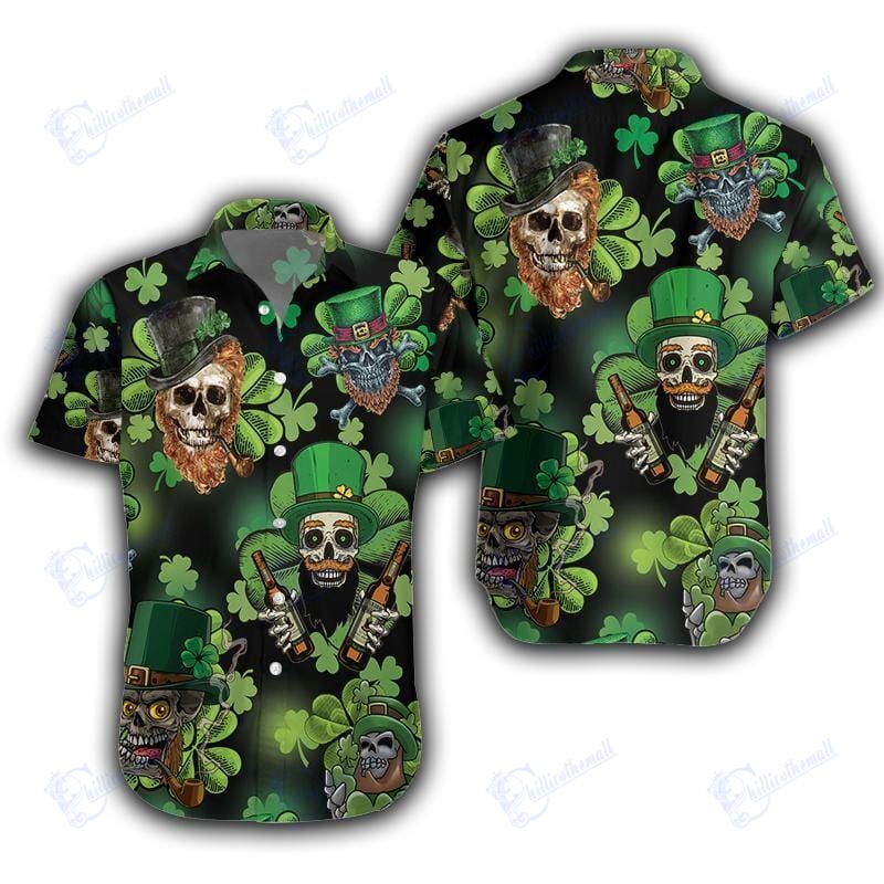 Beer And Skull St Patrick Men Green Hawaiian Aloha Shirts