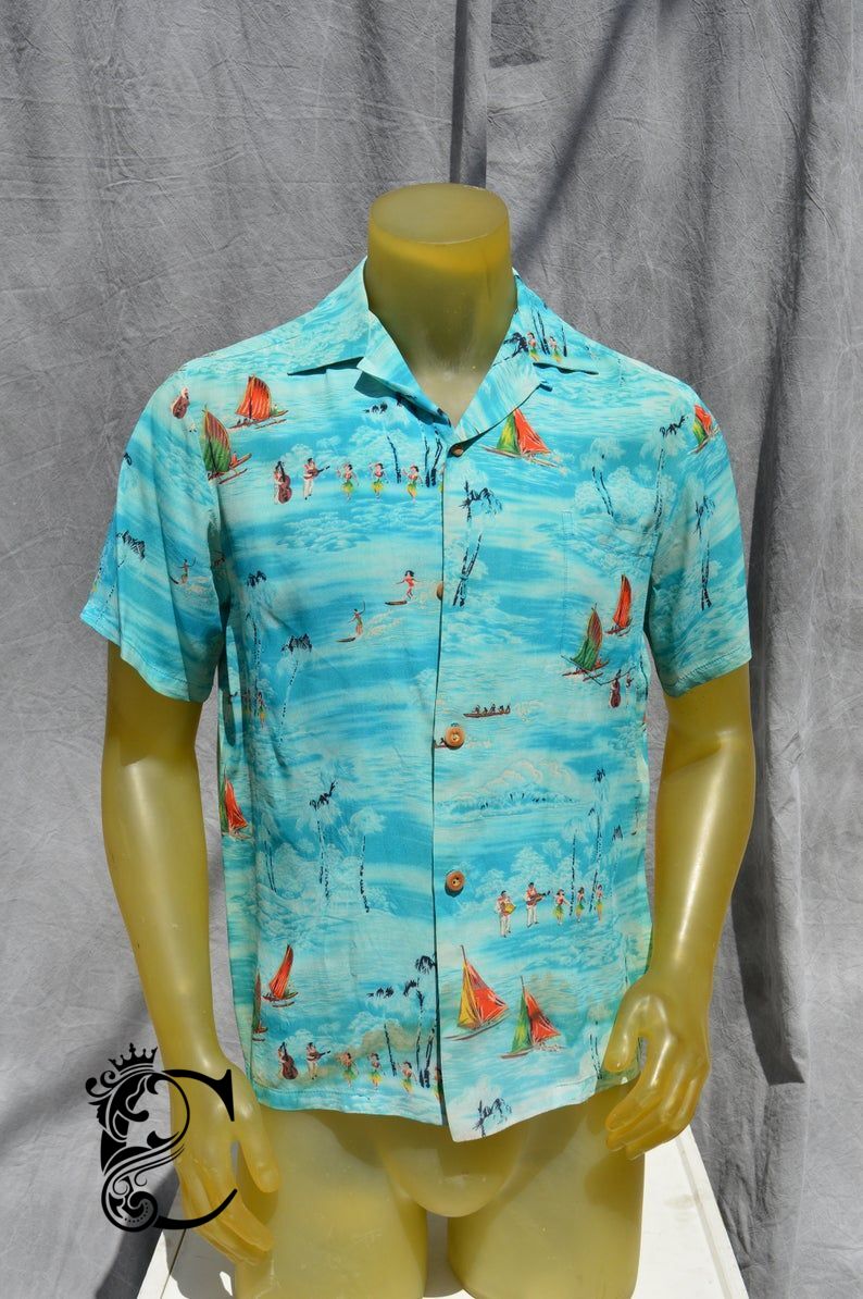 Vintage 50’S Made In Hawaii Hawaiian Shirt M Unisex Rayon Original Hula Dancers Surfers Canoes By Thekaliman