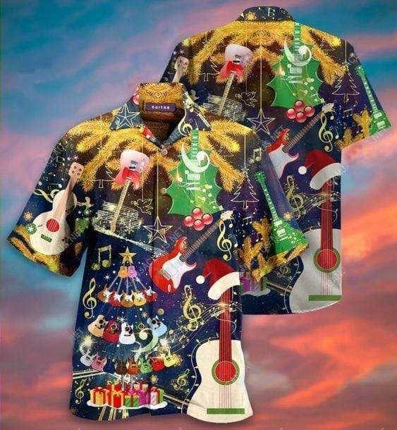 Beach Shirt Hawaiian Aloha Shirts Guitar Christmas Tree- Chillicothemall