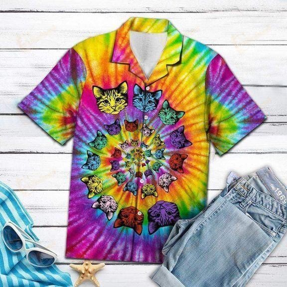 Tie-Dye Psychedelic Hippie Cat Hawaiian Aloha Shirts