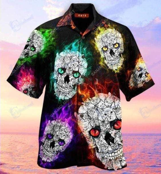 Beach Shirt Hawaiian Aloha Shirts Glowing Cat Skull- Chillicothemall