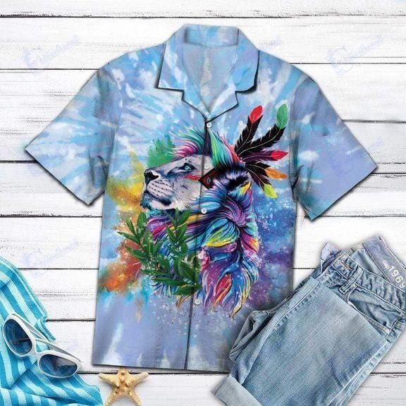 Tie-Dye Native American Lion Colorful Feather Hawaiian Aloha Shirts