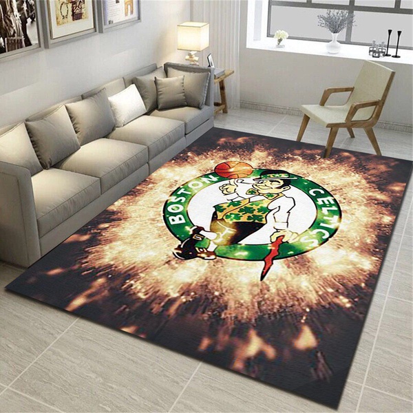 Boston Celtics Logo Area Rug, Basketball Team Living Room Bedroom Carpet, Sports Floor Mat