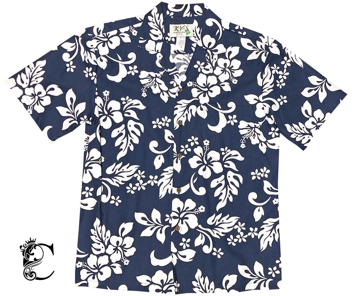 White Hibiscus Navy Hawaiian Shirt