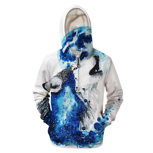 Blue Galaxy Wolf & Moon Zip-up Hoodie