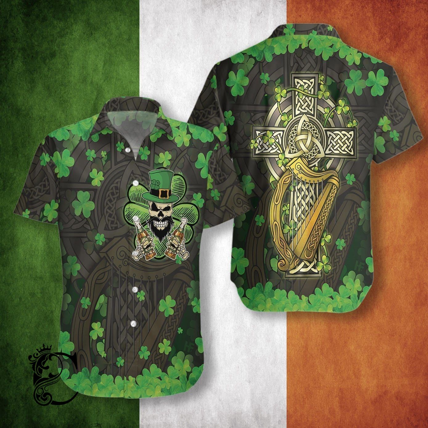 Beer And Skull Proud Irish People Celtic Cross Harp Patrick Green Hawaiian Shirts