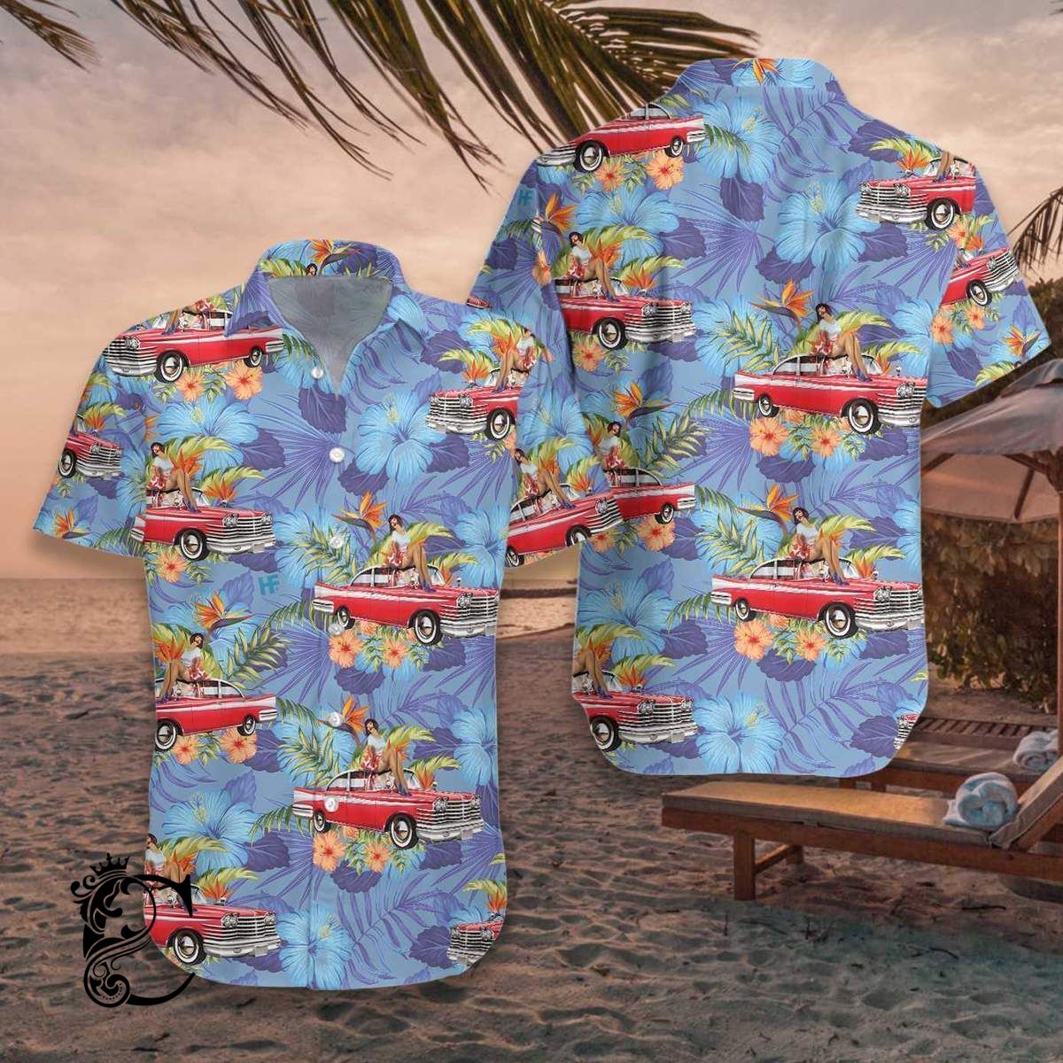 Blue Retro Vintage Girl And Car Hawaiian Shirts