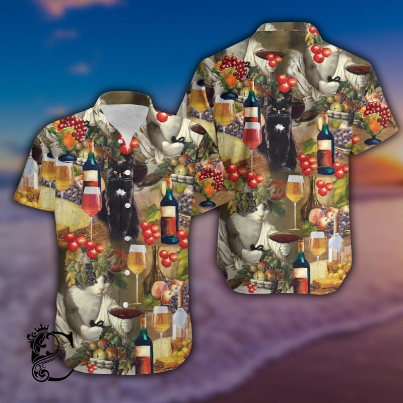 Black Cat Drinking Wine Hawaiian Aloha Shirts