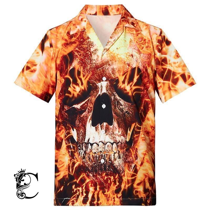 Beach Shirt Shop Mens Hawaiian Shirts Fire Skull- Chillicothemall