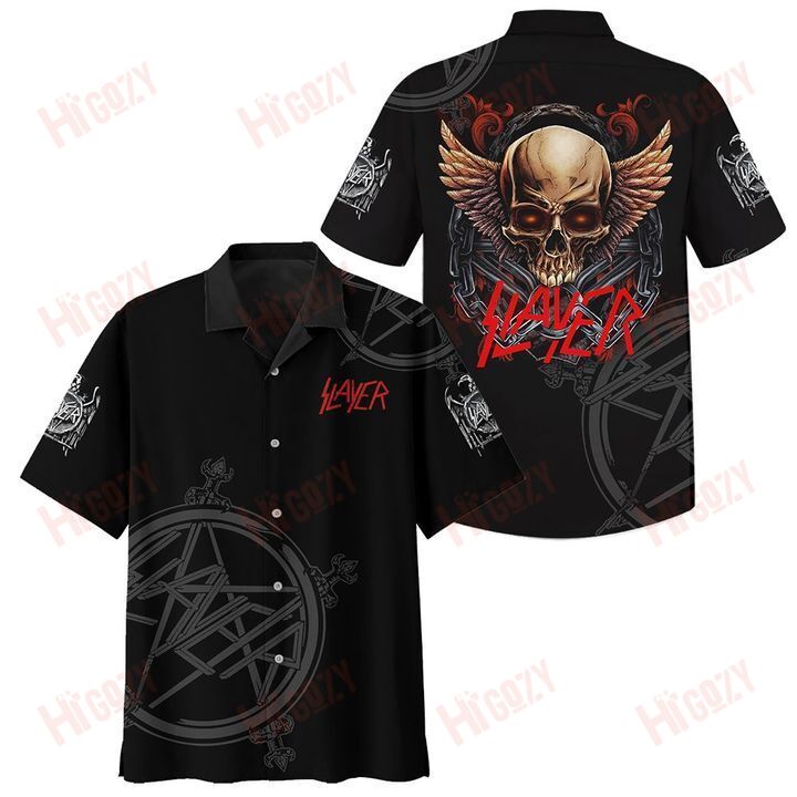 Beach Shirt Slayer Band Skull Black Hawaiian Aloha Shirts, Slayer Band Logo Short Sleeve Shirt